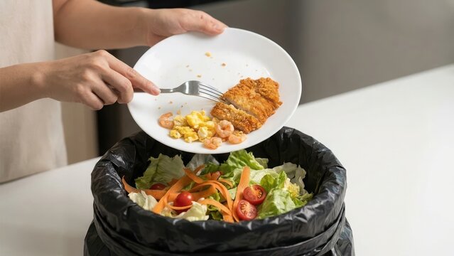 Person dumping leftover food from a plate into a black trash can in the kitchen