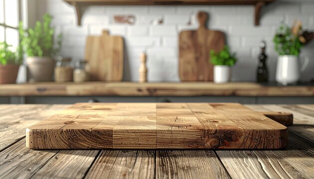 Wooden cutting board 3D Illustration displayed on a rustic farmhouse kitchen countertop