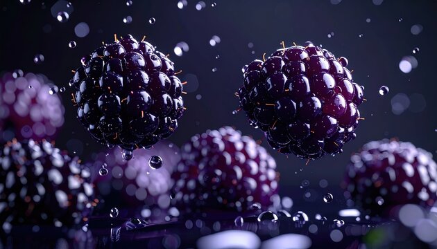 Falling blackberries 3D Illustration with fresh droplets on a dark berry background