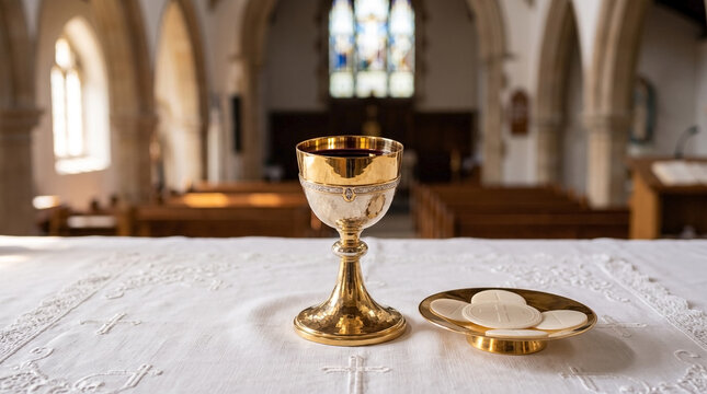 Golden chalice with communion wafers on altar in church setting. This golden chalice represents religious rituals and traditions of faith.