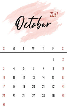 October 2027 Monthly Calendar Design with Watercolor Splash