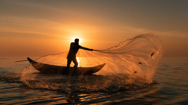 Fisherman pulling the net out of water. He is standing on his boat. Sunrise in back. 