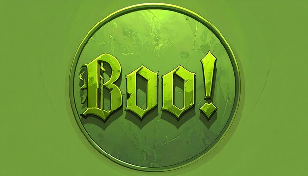 Bot&oacute;n verde con texto BOO! en tipograf&iacute;a g&oacute;tica sobre fondo verde