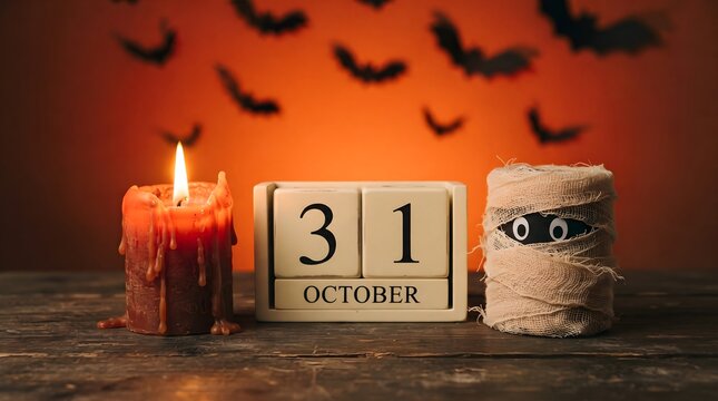 Halloween October 31st celebration still life. Features a mummy, lit candle, and date block. Spooky holiday concept for party invitations and seasonal decor.