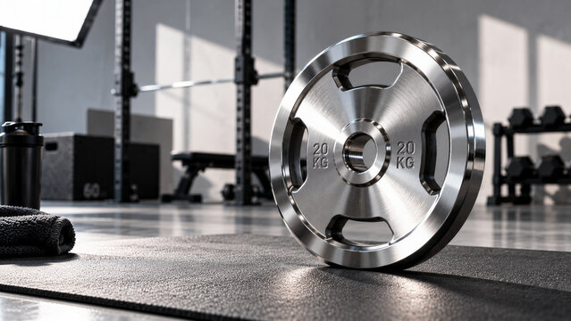 Close-up of a shiny machined metal weight plate for a barbell with "20 KG" text deeply engraved, standing upright on a black rubber mat in a modern, well-equipped commercial gym with squat racks in th