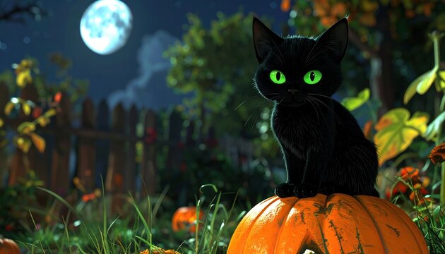 3D Illustration of a mysterious black cat with bright green eyes sitting on an orange pumpkin in a moonlit garden.