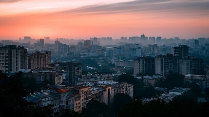 Obraz premium A panoramic view of a sprawling cityscape at sunset with layered buildings and soft orange sky