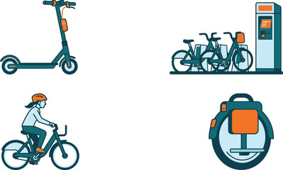 Electric micro-mobility flat vector set, urban transportation icons including e-scooter and bicycle sharing station, modern city commuting graphics © Hafizbro