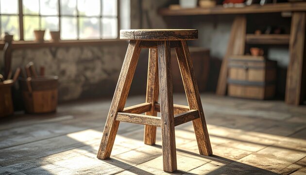 Rustic wooden three legged stool standing inside a cozy farmhouse workshop, 3D Illustration, natural wood grain.