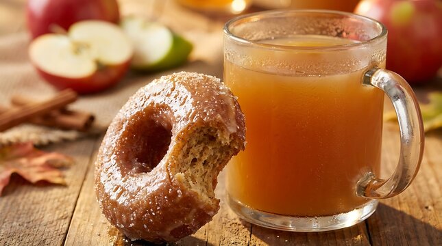 A tasty sweet donut and a glass of hot apple cider on a rustic wooden table for a cozy autumn snack