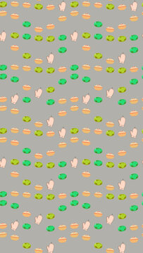 Pattern of oven mitts, food bowls, and green objects