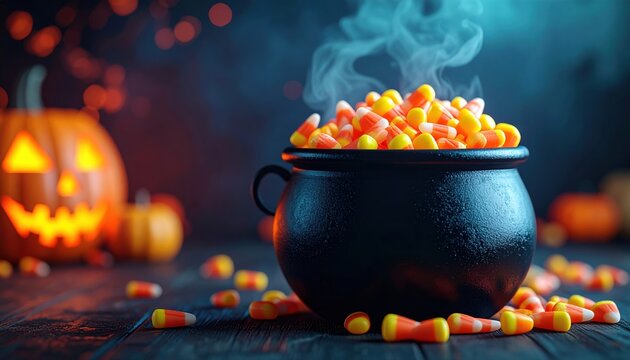 Black cauldron filled with candy corn 3D Illustration on a spooky Halloween background