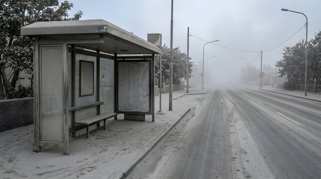 Volcanic Ash Covered Bus Stop and Empty Road After a Major Eruption