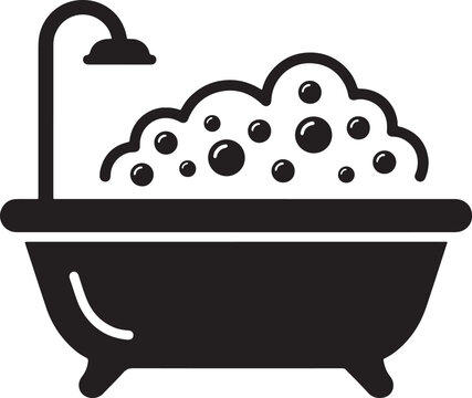 Black silhouette icon of a bathtub with shower head and soapy foam bubbles soap bubbles bathroom fixture bubble bath hygiene sign vector illustration personal care daily routine