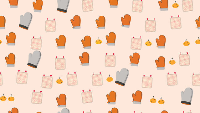 Seamless pattern with oven mitts, pot holders, and baked goods