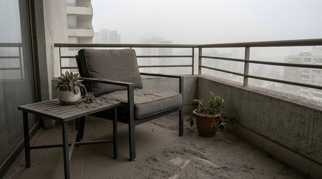 Balcony Furniture Covered in Volcanic Ash After a Severe Eruption Disaster
