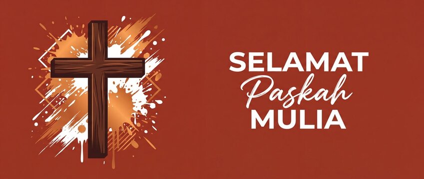 Wooden cross Easter banner background with Selamat Paskah text greeting for Christian holiday celebration, featuring modern paint splatter art, copy space, and religious resurrection theme.