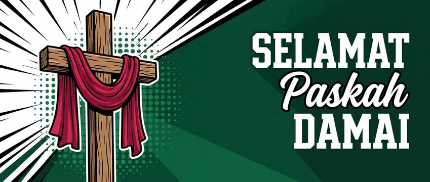 Selamat Paskah Christian cross banner illustration in retro pop art comic book style with red drape draped over wooden cross and Indonesian Easter greeting text background with copy space.