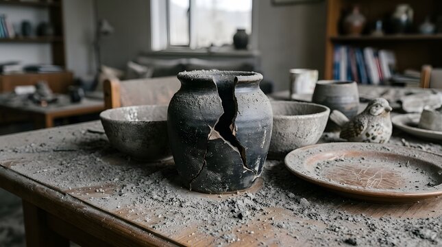 Damaged Ceramic Pottery and Household Dishes After Volcanic Ashfall Inside a Home