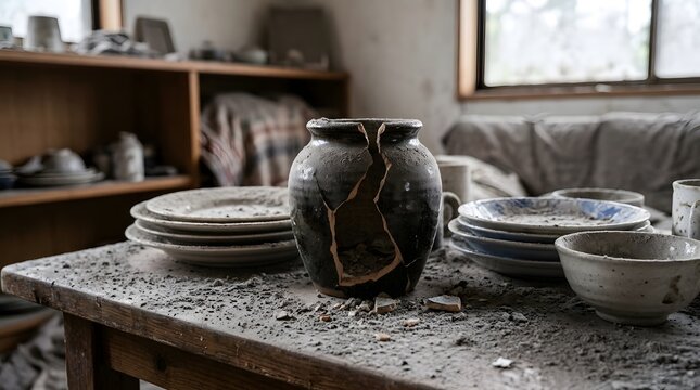 Residential House Roof Covered and Damaged by Volcanic Ash After a Major Eruption