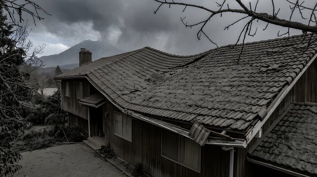Close View of a Residential Roof Covered in Thick Volcanic Ash After Eruption