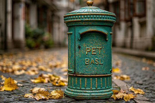 Vintage emerald cast-iron mailbox on weathered bluestone with autumn sycamore leaves, misty morning golden hour light, right negative space for tourism posters and advertising campaigns.