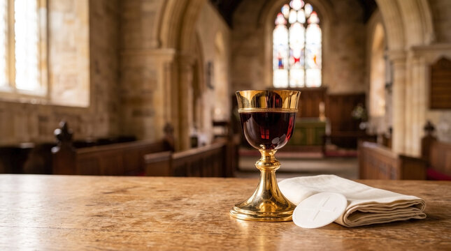 Communion elements with gold chalice and bread on altar in church setting. Communion includes sacred wine and host wafer resting on cloth. Concept communion for religious ceremonies and gatherings.