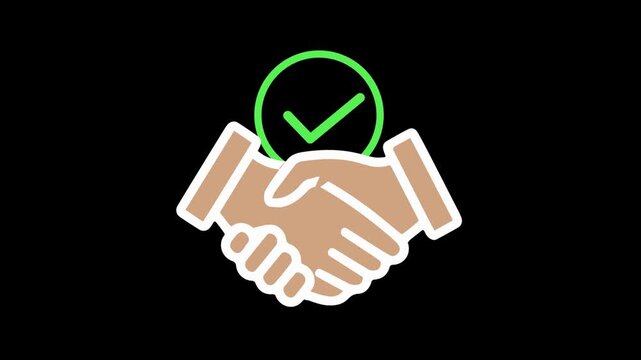 Handshake icon with a green checkmark symbol represents a successful business agreement, partnership, deal completion, and verified trust.