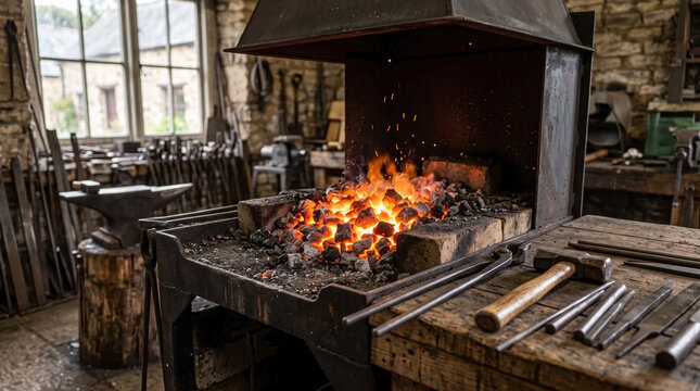 Glowing coal forge in traditional workshop with vibrant flames and metallic tools organized on wooden bench. Coal forge illuminates craftsmanship environment with rich history in blacksmithing.