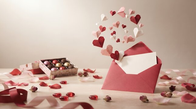 Creative Romantic Red Envelope With Flying Paper Heart And Chocolate Box Celebration Still Life