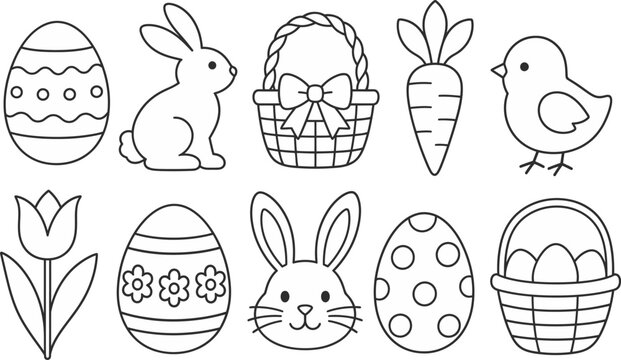 Easter elements set featuring charming outlined illustrations of rabbits and decorated eggs ideal for seasonal holiday greeting cards.