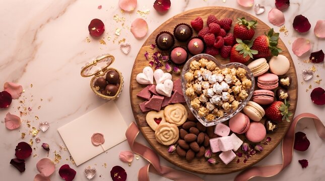 Flat Lay Valentine Dessert Charcuterie Board with Chocolate Berries Pastry Treat Snack