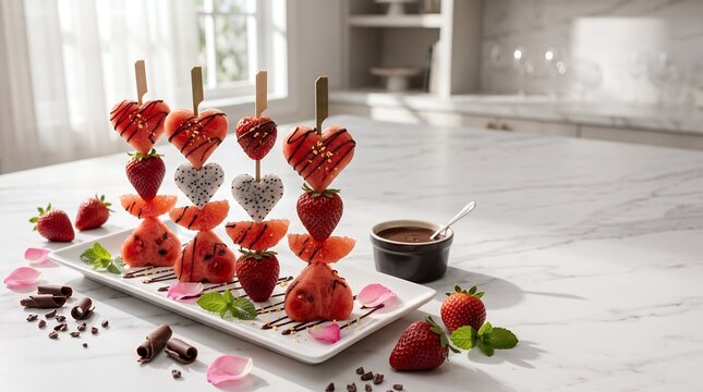 Fresh Fruit Skewer Heart Shape Watermelon Strawberry Dragon Fruit Romantic Dessert