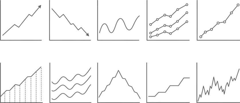Financial graphs displaying market trends and data analysis are featured in a minimalist vector set.