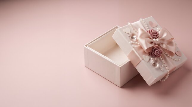 Romantic Elegant Open Gift Box with Ribbon Bow and Beads Celebration Still Life