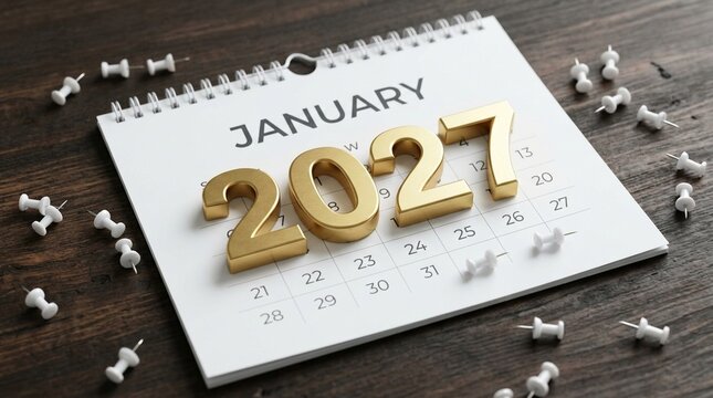 A close-up shot of a calendar page showing January 2027 with large golden numbers, surrounded by scattered pushpins on a wooden surface.