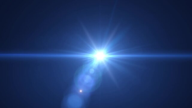 4k abstract blue anamorphic lens flare light beams with dynamic energy ball flame ring, dust particles, and cinematic optical leaks overlay for motion graphic black background.
