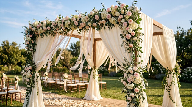 Beautifully decorated wedding canopy with elegant flowers and drapes in outdoor setting, creating serene atmosphere, perfect for memorable ceremonies.
