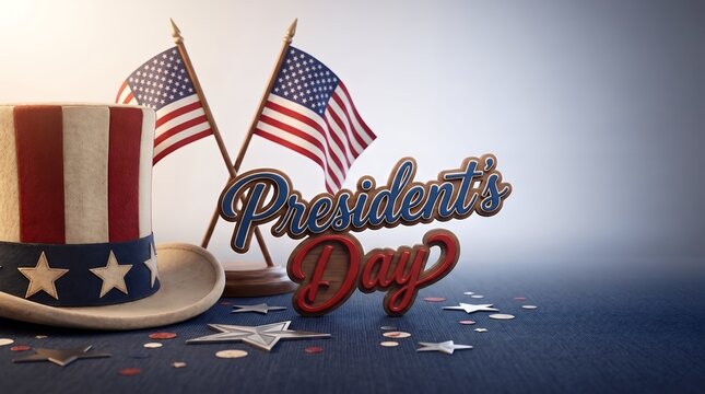 Realistic Presidents Day Celebration with Uncle Sam Top Hat and American Flag Holiday Background