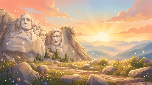 Digital Painting Mount Rushmore Monument at Sunrise Landscape Illustration Background
