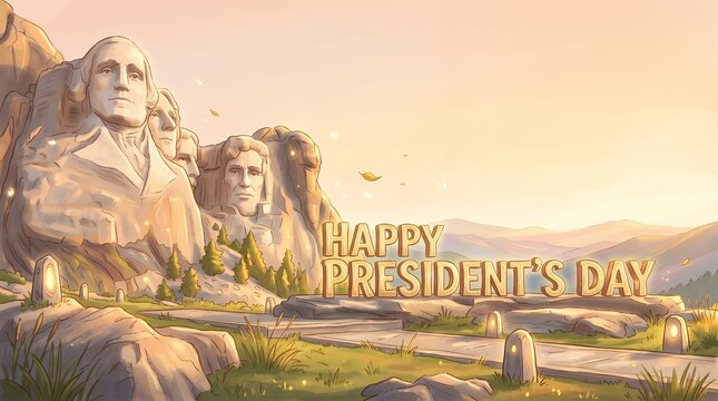 Digital Painting Mount Rushmore National Memorial with Happy Presidents Day Greeting Banner Landscape Illustration