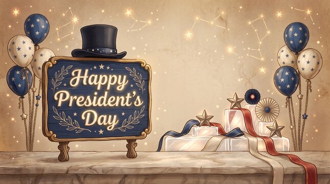Vintage Illustrated Presidents Day Wooden Signboard With Top Hat And Balloons Festive Background