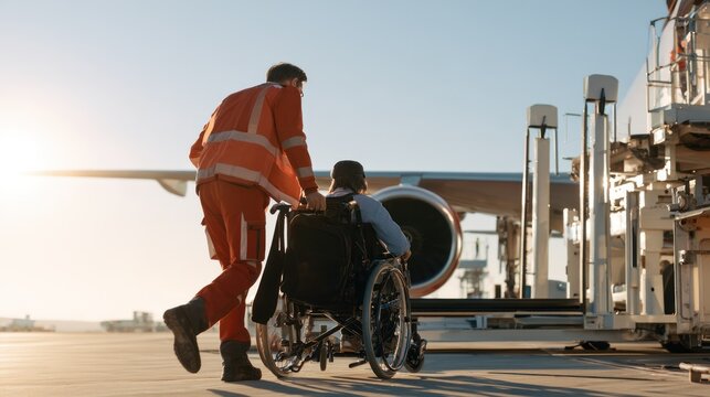 Assistance at the Airport: A compassionate airport worker in uniform assists a passenger in a wheelchair as they approach an airplane on the tarmac, ensuring a smooth and accessible travel experience.