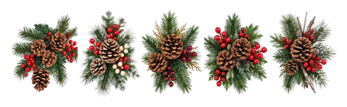 PNG Five festive pinecone and berry Christmas greenery arrangements