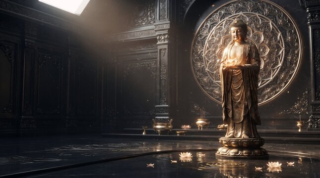 Cinematic Golden Buddha Statue Standing in Dark Temple Sanctuary Illustration