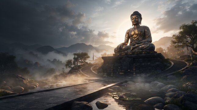Majestic Golden Buddha Statue Sitting on Mountain Summit in Morning Mist Landscape
