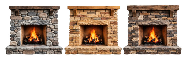 Obraz premium PNG Rustic stone and wood fireplaces with glowing fires