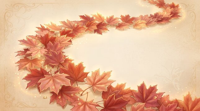 Autumn Watercolor Style Curved Maple Leaf Garland Border Frame Background Banner Illustration