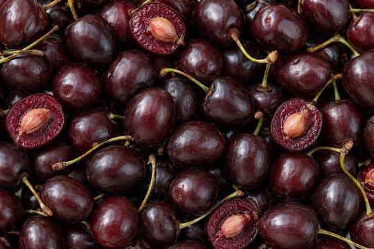 Fresh Capulin Cherries Deep Burgundy Full Frame Texture