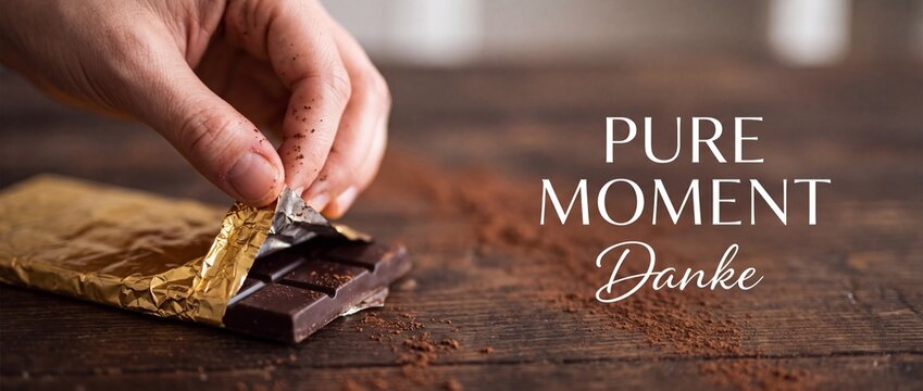 Dark chocolate bar unwrapping hand opening luxury gold foil packaging on wooden table with cocoa powder dusting, pure moment danke text banner format for gourmet dessert indulge food concept